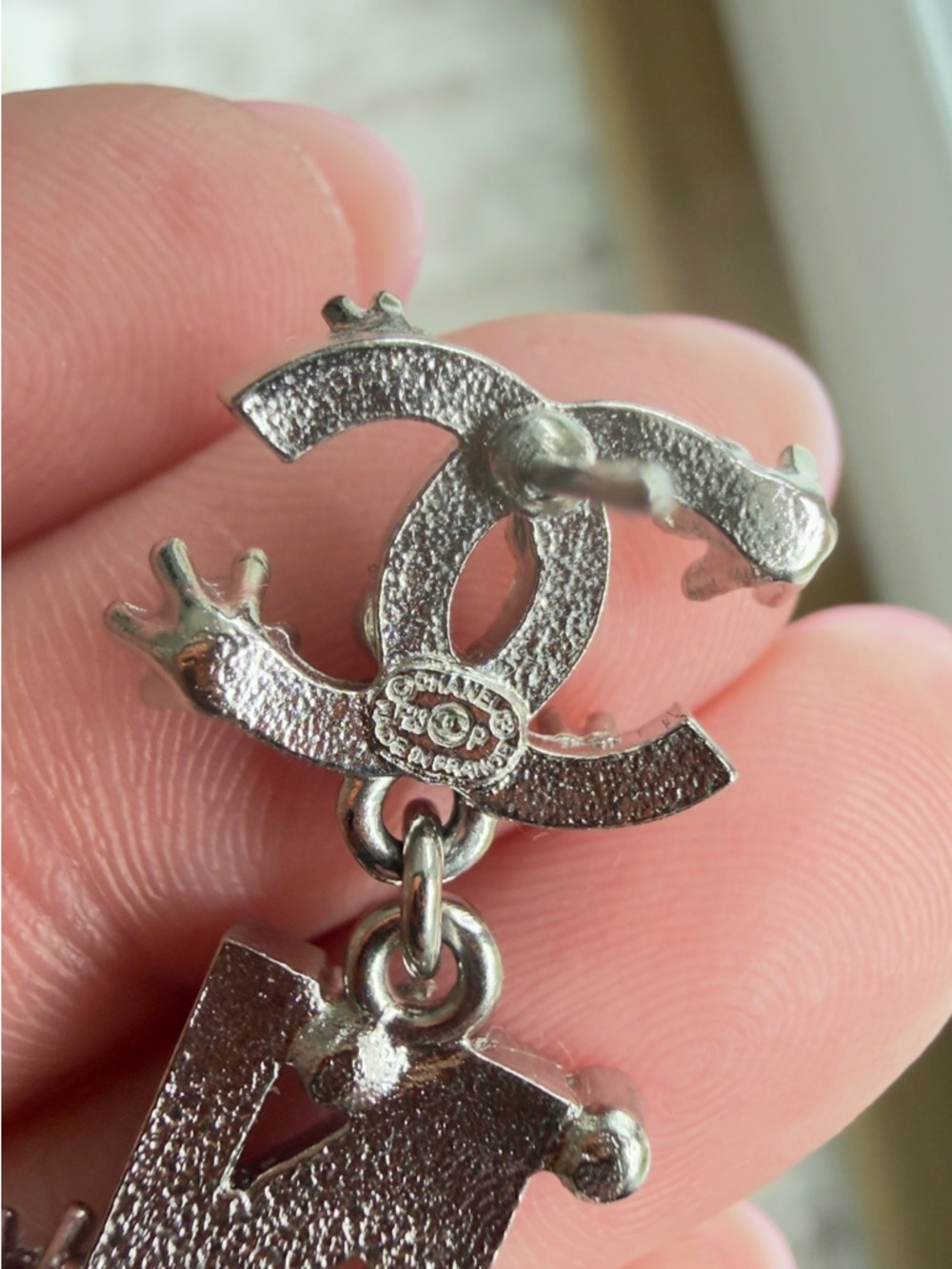 Chanel Silver Crystal Logo Drop Earrings - Picture 3 of 4